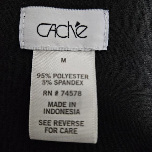 Cache Faux Wrap Dress Size M Chain Pearl Print Black Deep V Stretch 3/4 Sleeve - Picture 10 of 10